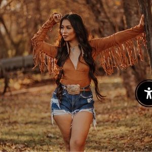 Lil Bees Bohemian NWOT Camel fringe bodysuit/romper